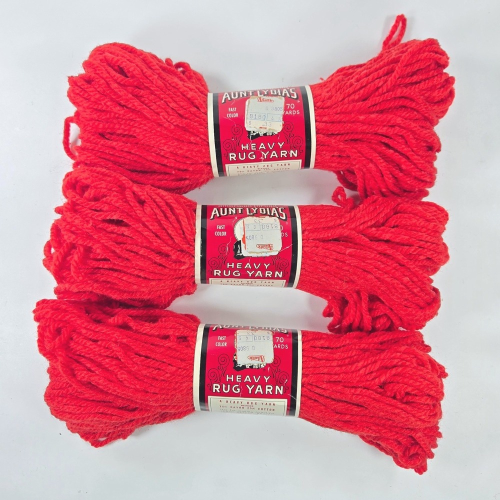 Lot of 3 Vintage Aunt Lydia's Heavy Rug Yarn 251 Red 70 Yds Each Kodel Polyester